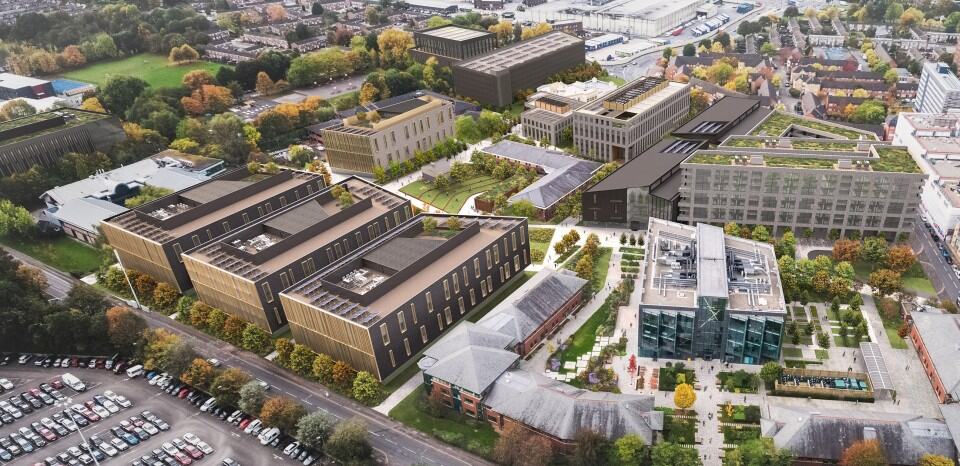 Aerial view of Insight Surgery's new Centre of Excellence at Manchester Science Park, UK.